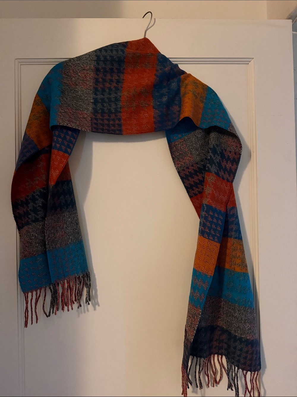 Fraas Cashmir Colorblock Patterned Fringe Scarf - Blue, Orange, Teal, Gray